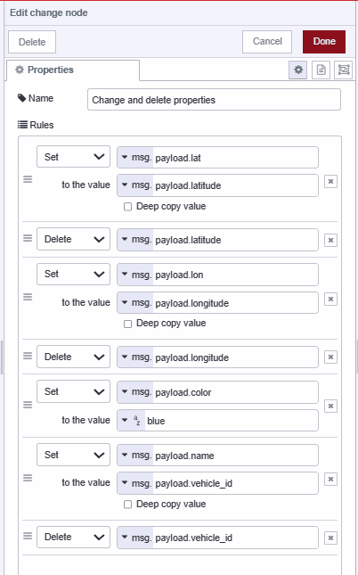 Screenshot of the Change node configuring properties to ensure compatibility with the Worldmap node