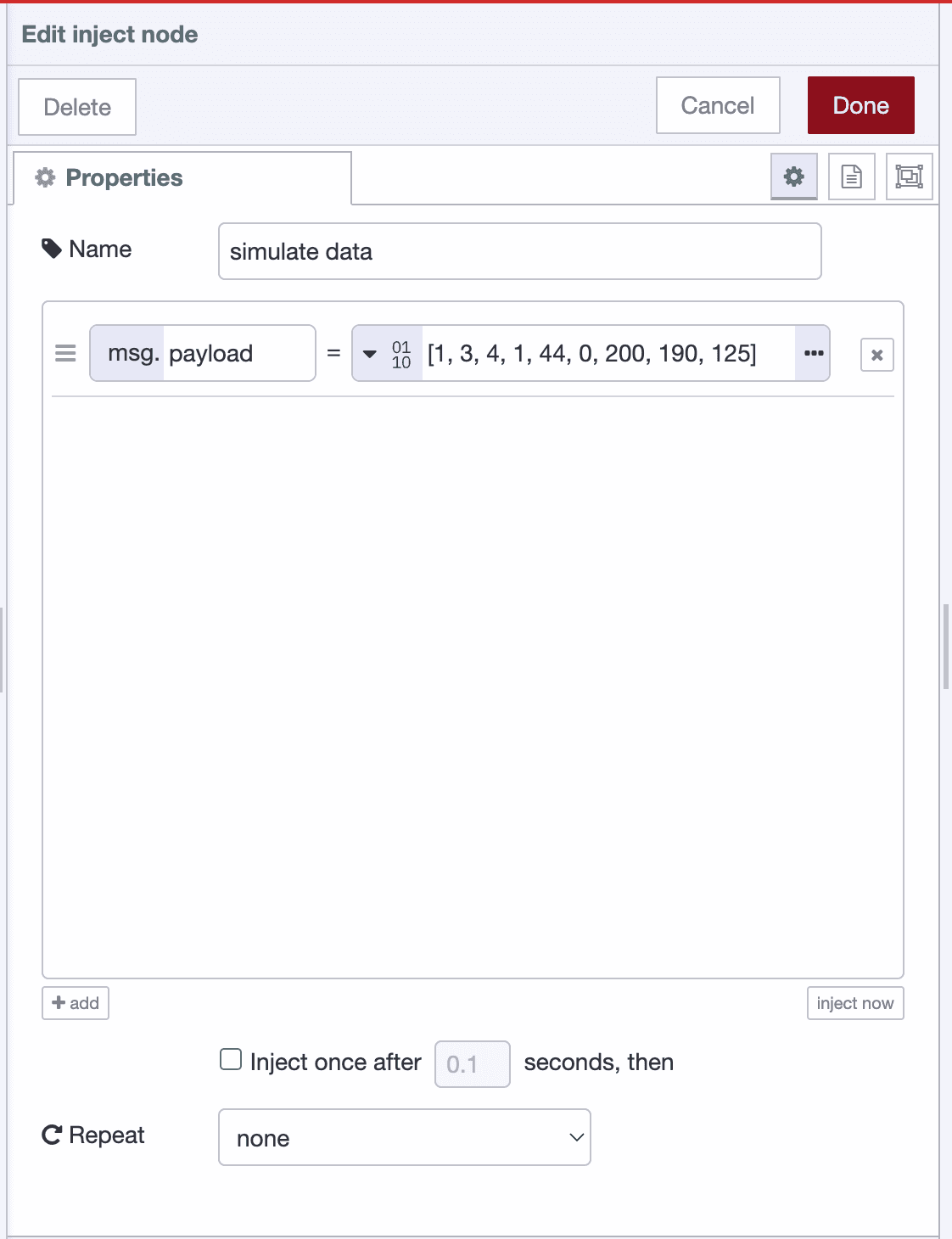 Node-RED Inject node configuration showing payload set to a Buffer array for simulating data.